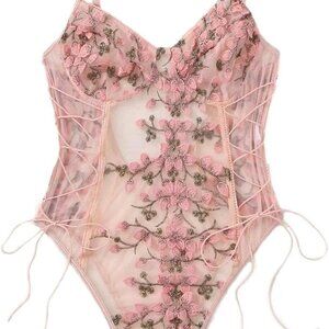 Women Sexy Lace Up Floral Embroidered Teddy Lingerie Bodysuit Top Mesh Sheer One